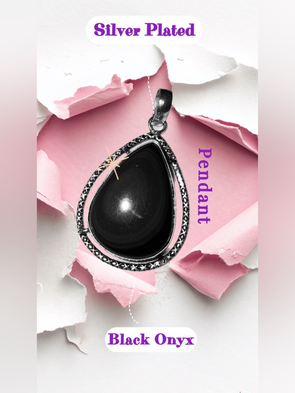 Silver-Plated Black Onyx Teardrop Pendant Necklace - Unbranded